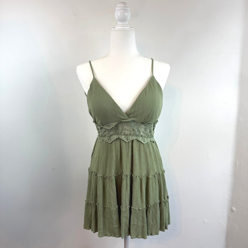 Olive Green Fairycore Crochet Lace Open Back Mini Dress Boho Coquette Earthy S